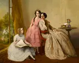 Abraham Solomon, A portrait of two girls with their governess, oil on canvas