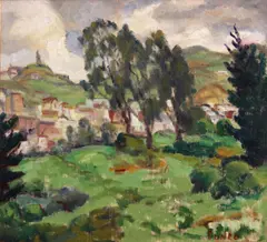 Rinaldo Cuneo, Hillside homes, oil on canvas board