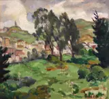 Rinaldo Cuneo, Hillside homes, oil on canvas board