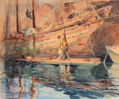 Mending the ships by Vladimir Pavlosky, watercolor on paperboard, offered Nov 2012