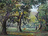 Joseph Raphael, Orchard in Uccle, oil on board