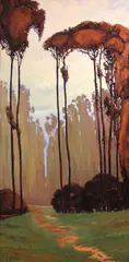 Path through a eucalyptus grove by Jesse Don Rasberry, oil on canvas, sold Nov 2012