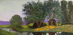 Wildflowers and trees on a riverbank by Jesse Don Rasberry, oil on canvas, offered Nov 2012
