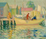 Christian von Schneidau, Fishermen at harbor, oil on canvas