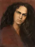 Steven Assael, Portrait of a dark haired woman in purple, 1998, mixed media on paper