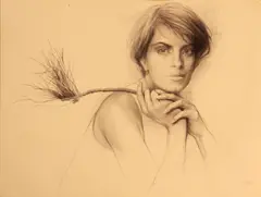 Steven Assael, Portrait of a woman holding a branch, mixed media on paper