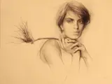Steven Assael, Portrait of a woman holding a branch, mixed media on paper
