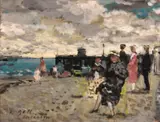 François Gall, Eugénie assise, plage d'Arcachon, 1951, oil on panel