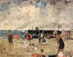 François Gall, Eugénie et ses enfants, plage d'Arcachon, 1951, oil on masonite
