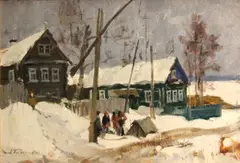 At the well by Alexander Georgievich Gulyaev, 1961, oil on paperboard, sold Nov 2012