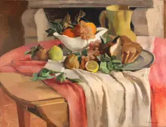 Jean Jovenau, Still life with fruit and brioche, oil on canvas