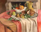 Jean Jovenau, Still life with fruit and brioche, oil on canvas