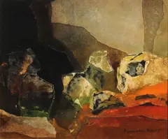 Alexander Nepote, Luminous rocks, oil and collage on masonite