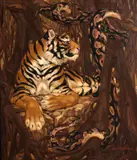 Yvonne Kleiss-Herzig, Tiger with a boa constrictor, oil on panel