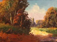 Paysage by V. Rousseau, oil on board, offered Nov 2012