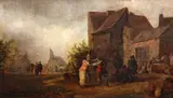 French School, A couple dancing outside an inn, oil on panel