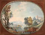 French School, An extensive landscape with washerwomen in the foreground, in a painted oval, gouache