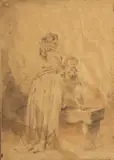 Giuseppe, A mother and her young child, watercolor on paper laid down on heavy card