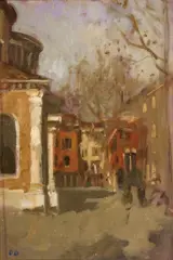 Campo S. Giacomo dell'Orio by Bernard Dunstan, oil on masonite, sold Nov 2012