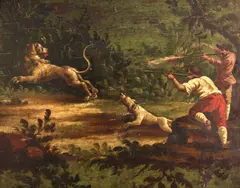 The lion hunt by Continental School, oil on board, offered Oct 2012