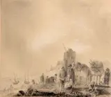Dutch School, A coastal landscape with fishing boats in the distance and figures and horses in the foreground