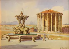 Giovanni Facciola, Temple of Hercules Victor, Rome, watercolor over pencil on card