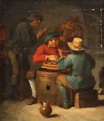 A tavern interior by David Teniers, oil on cradled panel, offered Oct 2012