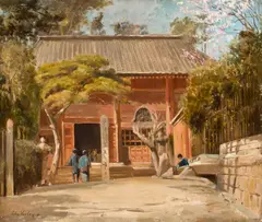 John Varley Jnr., Temple at Tomachi, Tokyo, oil on canvas