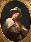 A young woman feeding a hatchling by American School, oil on canvas, offered Oct 2012