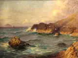 William Barr, Rocky coast with sea gulls, oil on canvas
