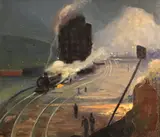 Arnold Franz Brasz, Railroad yard, oil on masonite