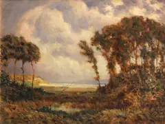Ethelbert W. Brown, Windswept trees along the coast, oil on canvas