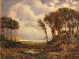Ethelbert W. Brown, Windswept trees along the coast, oil on canvas