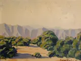 Eyvind Earle, Mountains and trees, 1934, oil on canvas board