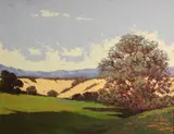 Jesse Don Rasberry, Wildflowers and sand dunes with mountains in the distance, oil on canvas board