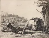 Karel Dujardin, Der Hirte hinter dem Baum (Pastoral with shepherd behind a tree) (B. 23), 1656, Etching on laid paper, a later impression