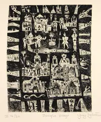 Jungle Village, n.d. by Ynez Johnston, Etching on Rives cream paper, sold Oct 2012