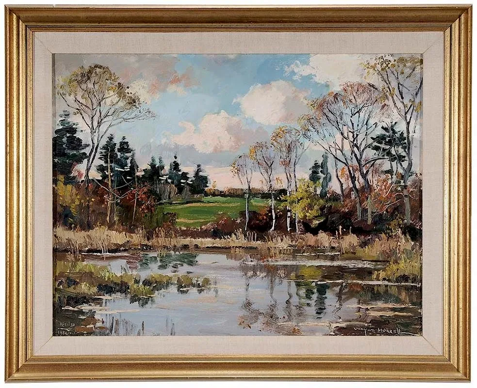 Wayne Beam Morrell, Pond Reflections, 1984, oil on fiber board