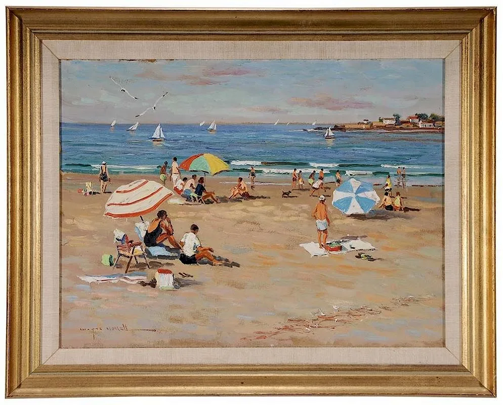 Sunbathers on a Beach by Wayne Beam Morrell, oil on fiberboard, sold May 2016