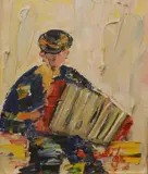 Darren Paul, Acordian Player, Oil on board