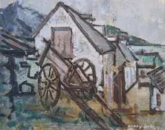 DONKEY CART by COTTAGE by Henry Healy, Oil on board, sold Jan 2023