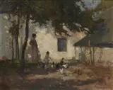 Woman And Child Feeding Chickens by Frank McKelvey, Oil on canvas, sold Nov 2022