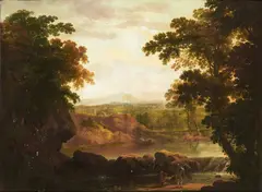George Barrett, A Mountainous River Landscape With Fishermen, Oil on canvas