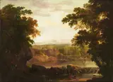 George Barrett, A Mountainous River Landscape With Fishermen, Oil on canvas