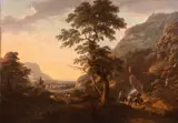 William Ashford, Rocky River Landscape With Travellers And A Ruined Abbey, Oil on canvas