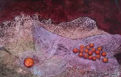 Anne Yeats, Small Fruits On A Red Cloth, Oil on board