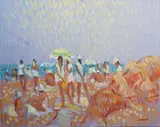 Beach Parasols by Desmond Carrick, Oil on board, sold Oct 2022