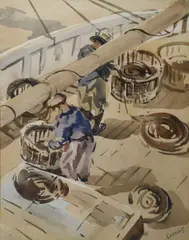 Desmond Carrick, Unloading The Catch, Watercolour