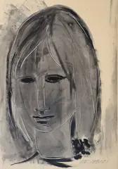 Leslie MacWeeney, Sad Head I, Black wash heightened with white