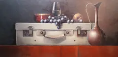 David Ffrench le Roy, Still Life Of A Suitcase, Jug And Fruit, Oil on board